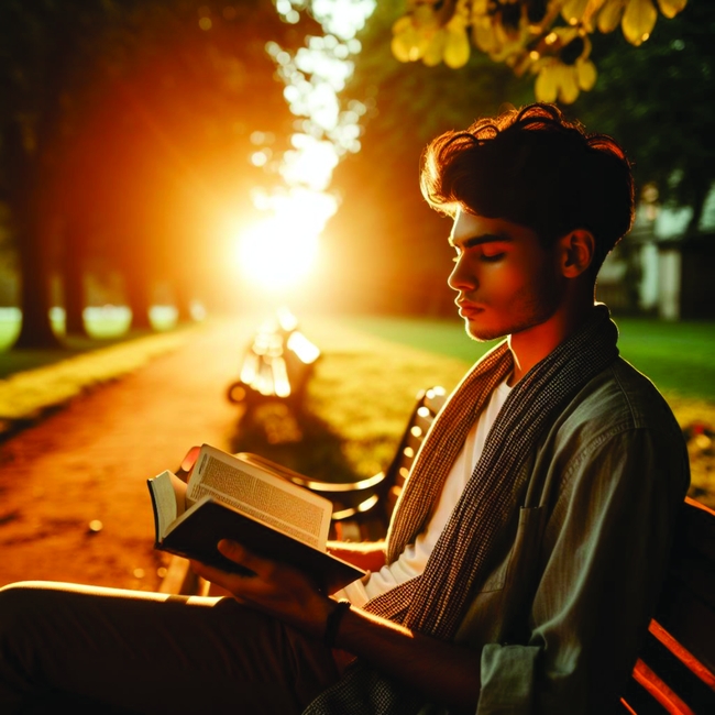 清晨阳光公园椅子看书帅哥图片