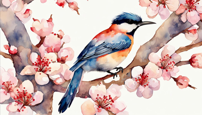 水彩风格花鸟画作品摄影图片