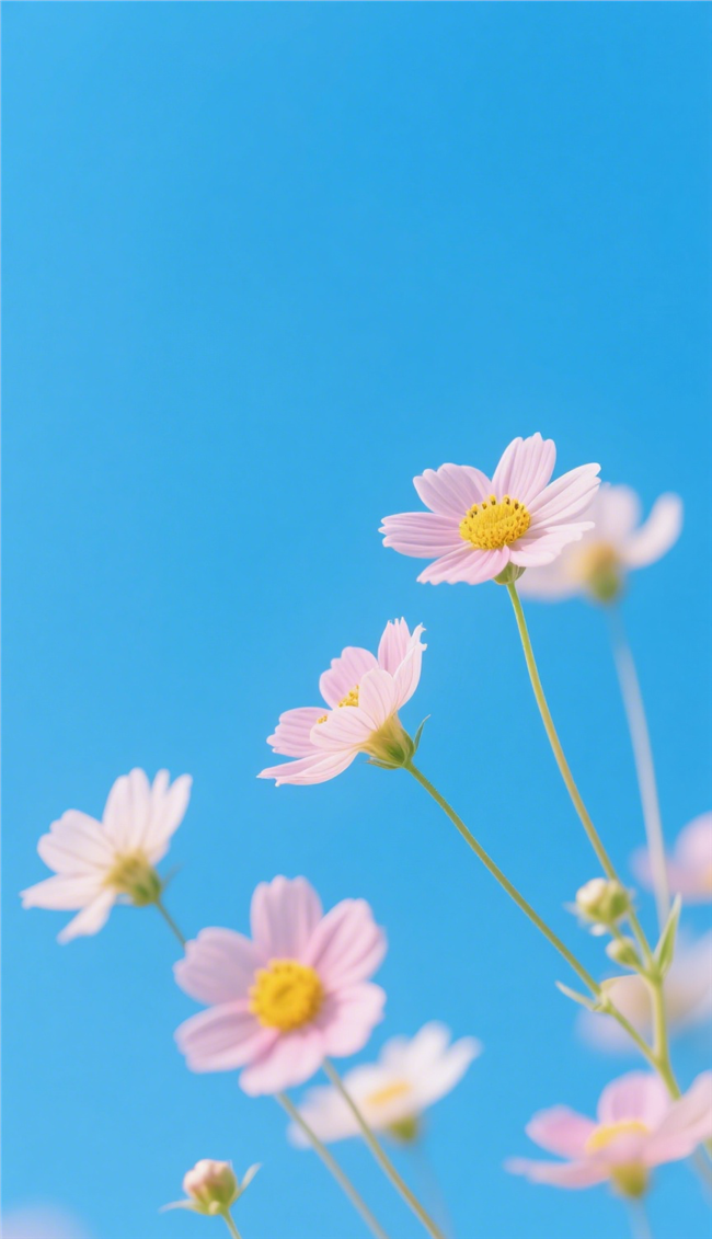 蓝色天空下的粉色小花图片