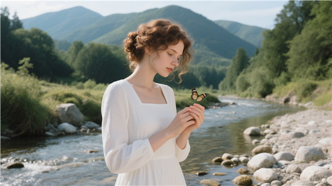 春天户外小溪流美女摄影图片