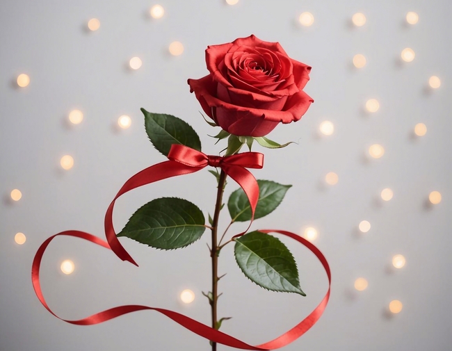 红色玫瑰花花枝彩带摄影图片