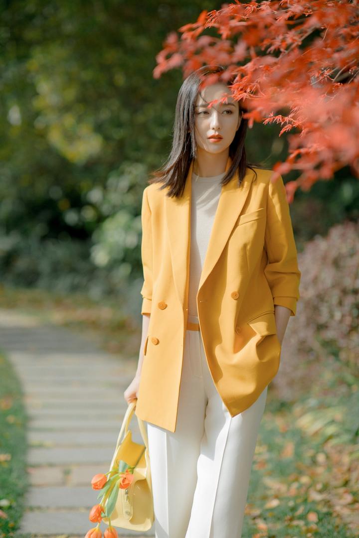 中国美女明星佟丽娅户外踏青淡黄色小西装写真图片