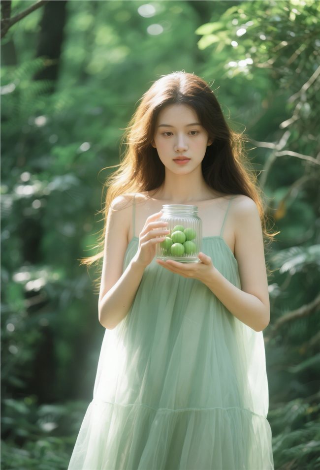 绿色森林风治愈系美女写真图片