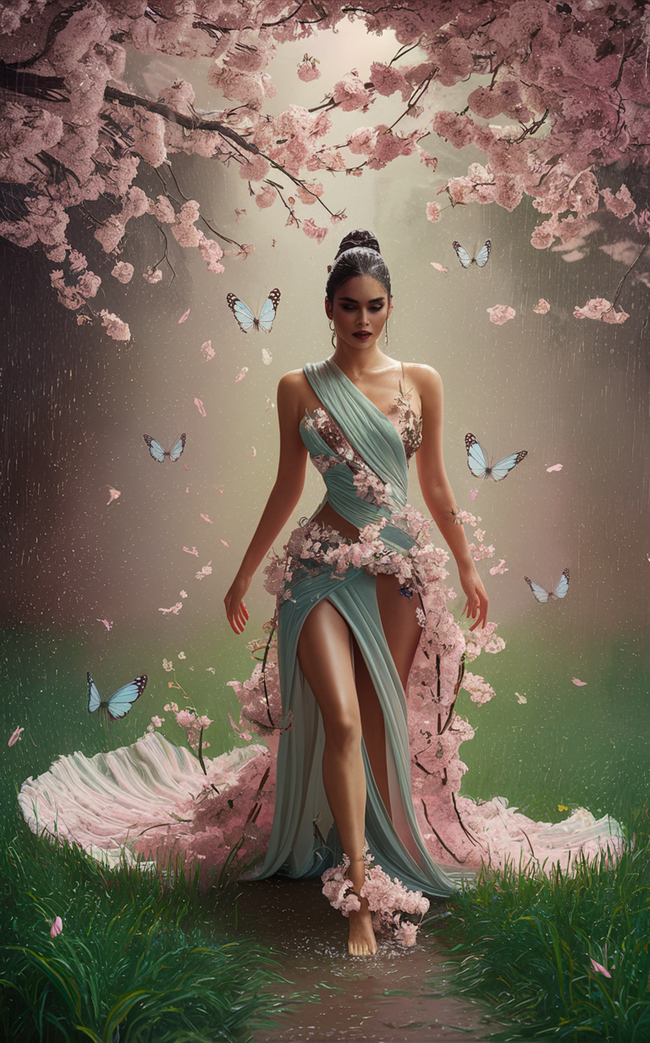 唯美樱花蝴蝶性感女郎人体摄影图片