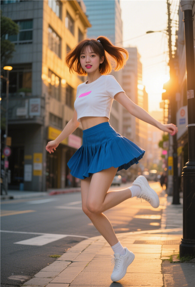 黄昏街拍元气少女风美女图片