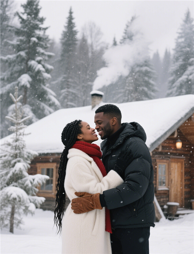 冬季雪中浪漫相拥的黑人情侣图片