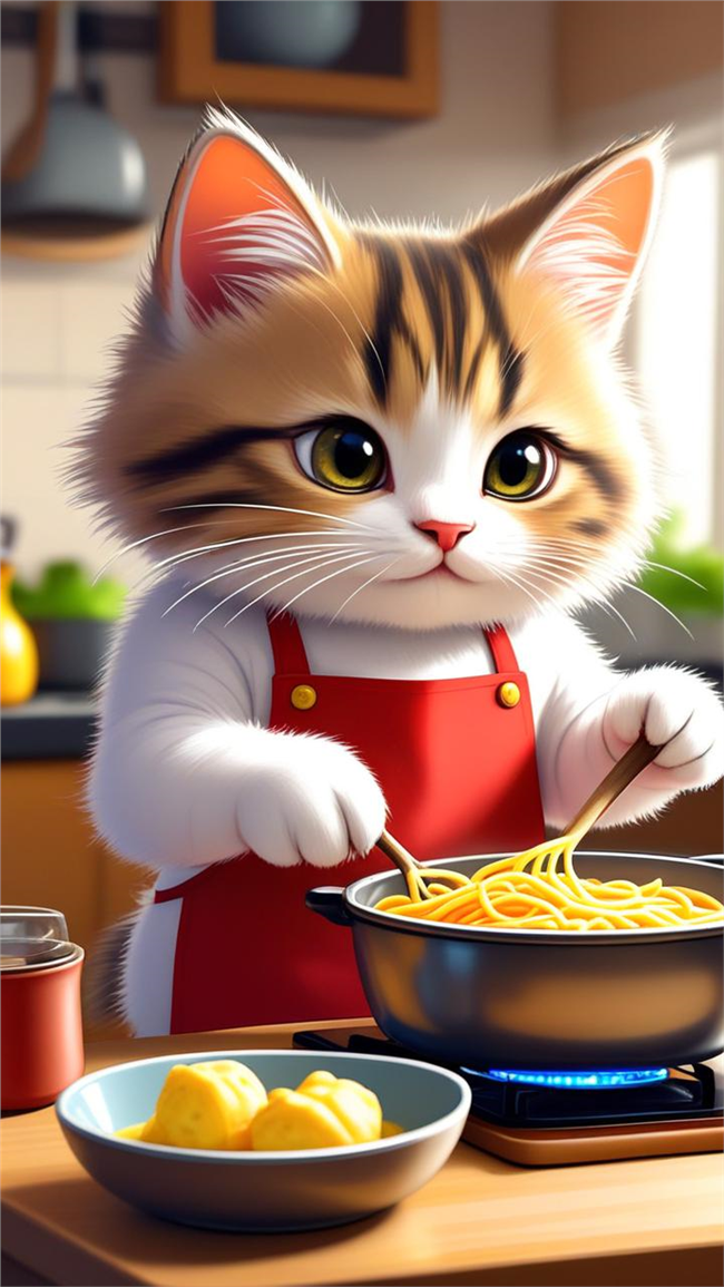 卡通猫咪煮面条插画设计图片