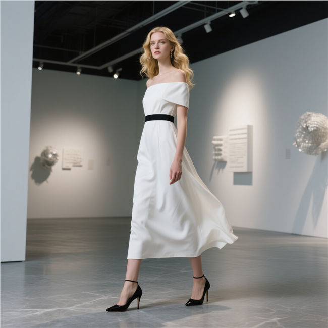 欧美一字肩白色长裙性感美女图片