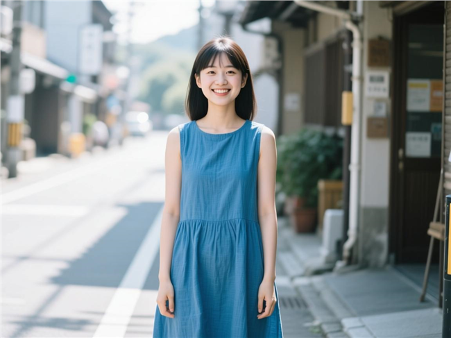 亚洲街头蓝色连衣裙美女摄影图片