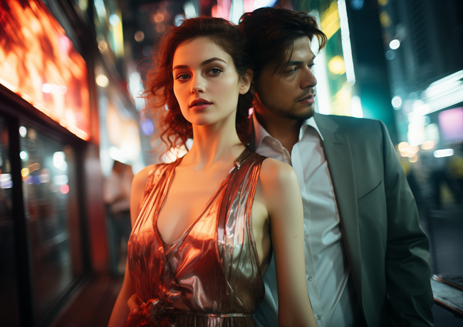 欧美街头霓虹灯情侣摄影图片