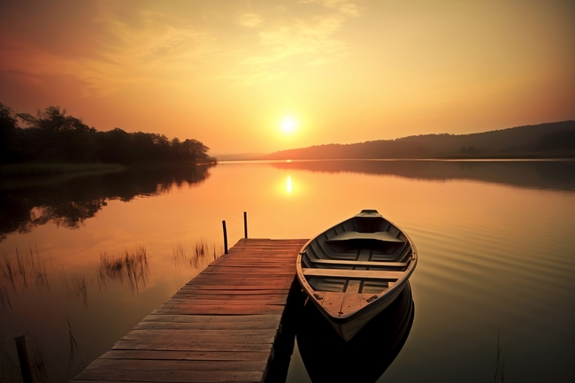黄昏湖泊小船夕阳美景图片