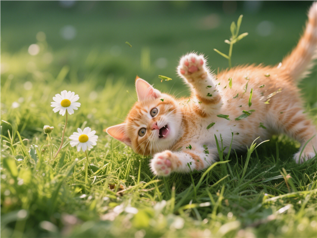 一只小花猫在草地里打滚玩耍图片