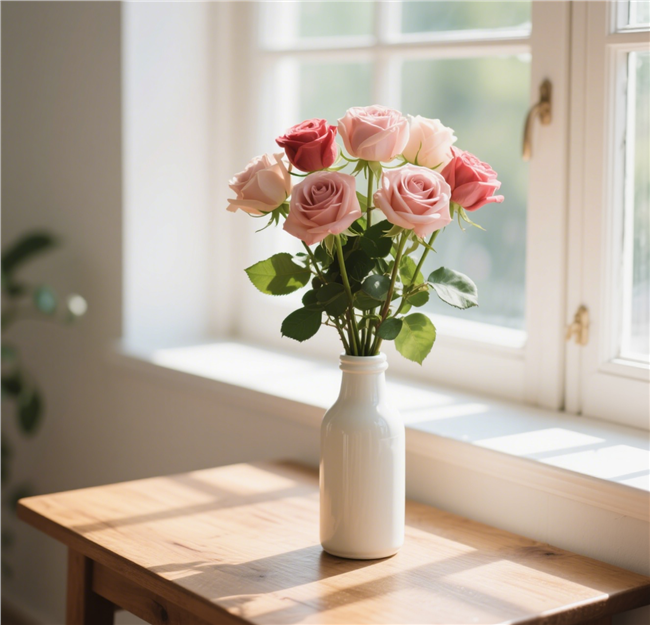 白色窗台粉色玫瑰花插花摄影图片