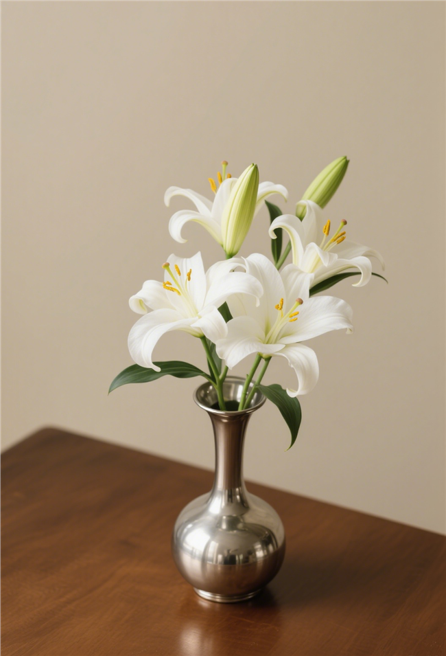 墙角木桌白色百合花插花图片