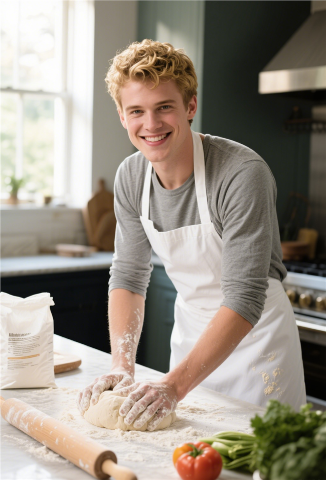 正在厨房擀面团的欧美帅哥图片