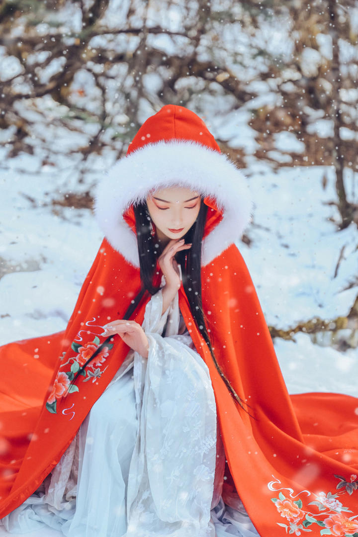 坐在雪中的古典清纯美女图片