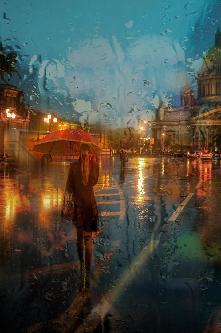 雨中撑着伞的欧美美女背影艺术摄影图片