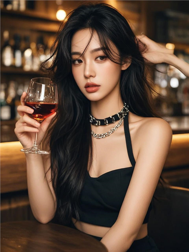 酒吧手持红酒的高冷美女图片