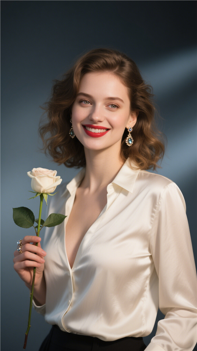 欧美米白色丝光时尚休闲衬衫美女图片