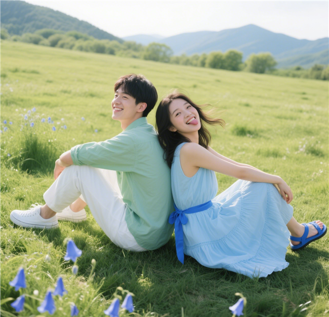 春天户外草地背靠背情侣摄影图片