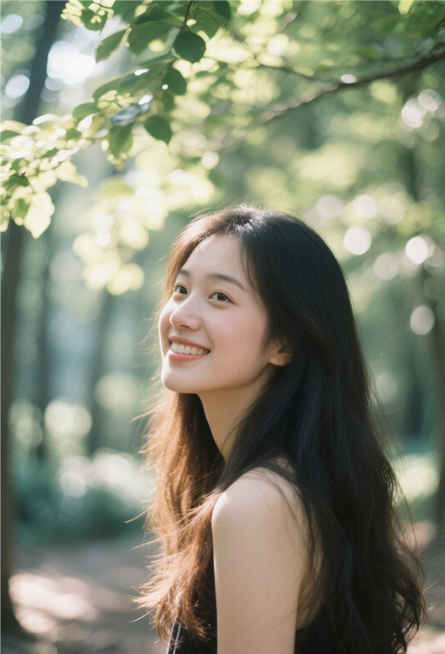 森系风格树林侧颜美女摄影图片