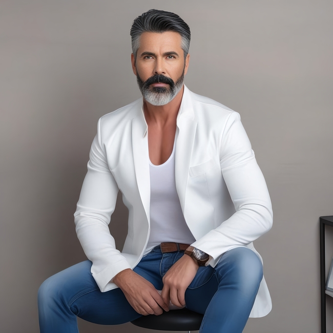 欧美魅力白色西装大叔帅哥图片