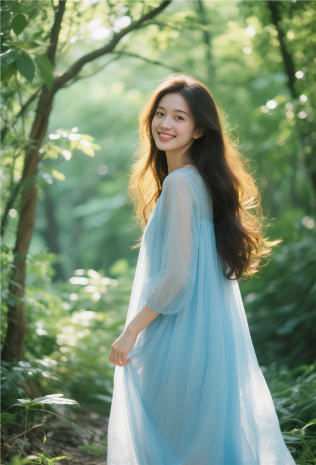 春天绿色树林蓝色纱裙美女写真图片