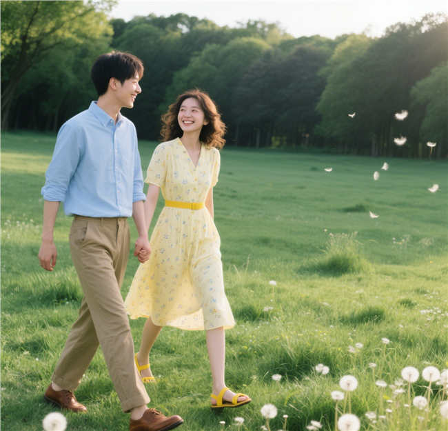 户外踏青手牵手治愈系情侣图片