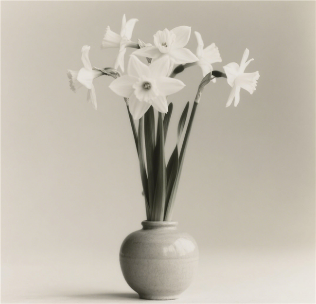 灰色调水仙花盆栽摄影图片