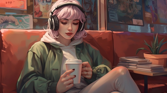 卡通漫画风格戴耳机的少女图片