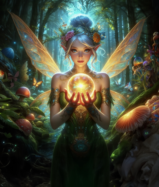 夜晚绿色森林精灵美女动漫插画图片