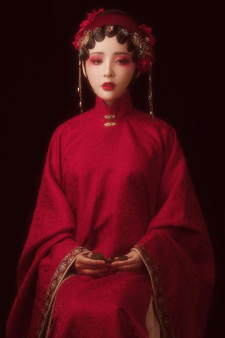 一身红妆的古代新娘古装美女艺术照