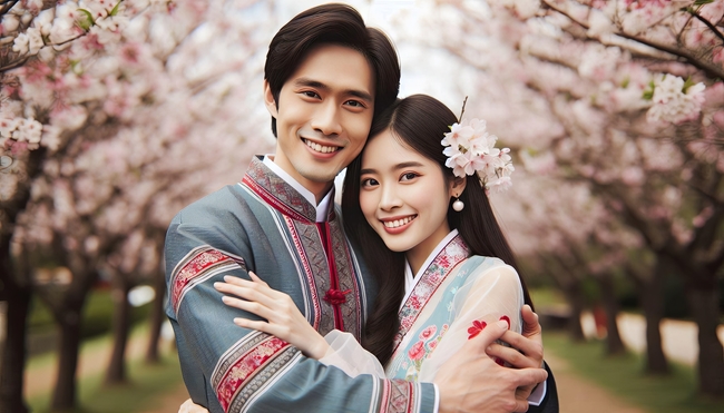 粉色樱花林相拥的情侣图片