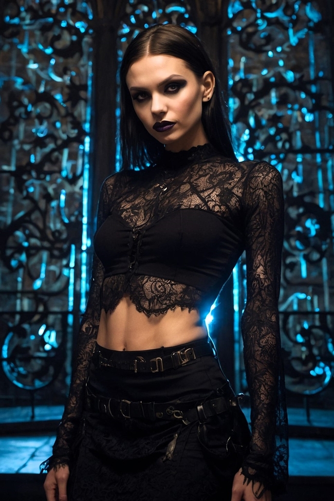 欧美烟熏妆黑色蕾丝透视装性感美女图片