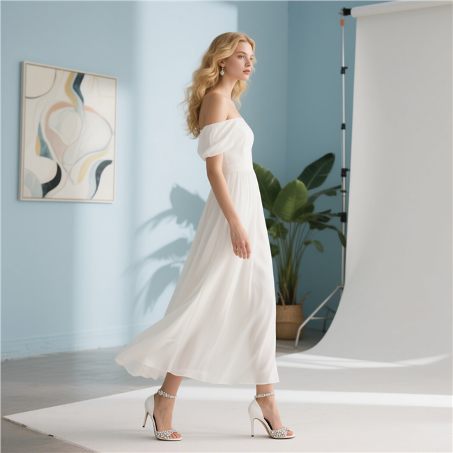 欧美性感一字肩白裙美女人像摄影图片