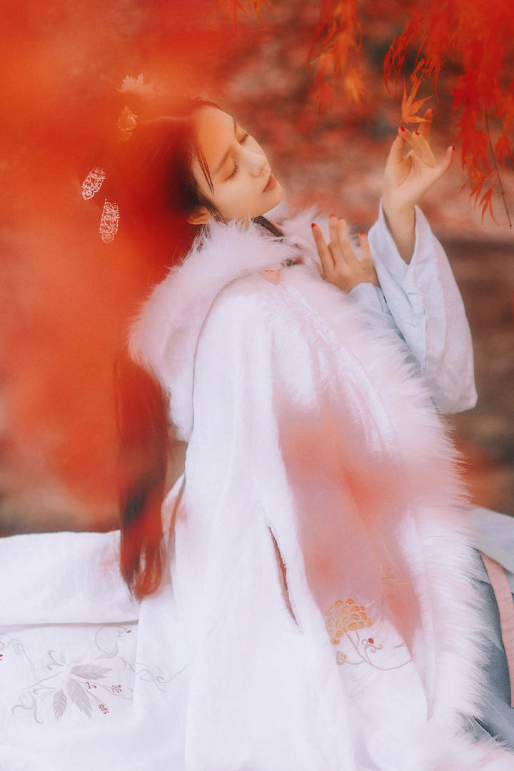 拿着枫叶的高清古装美女图片