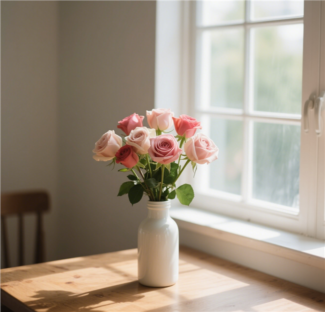 一束插在白色花瓶里的玫瑰花图片