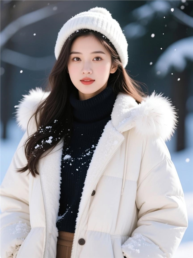 冬季戴帽羽绒服美女写真摄影图片