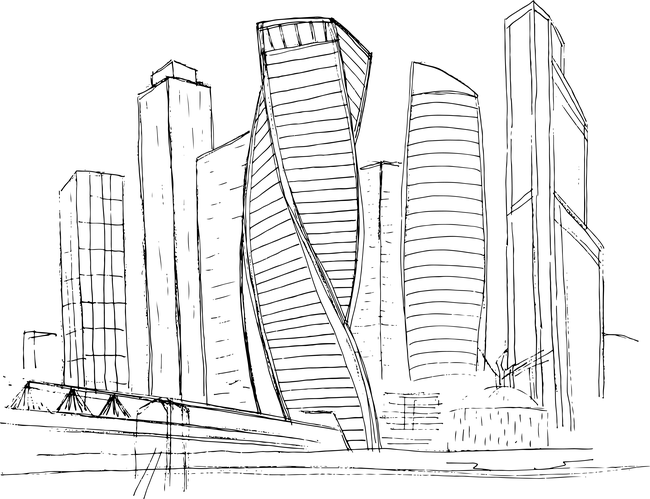 现代都市大楼手绘铅笔画图片