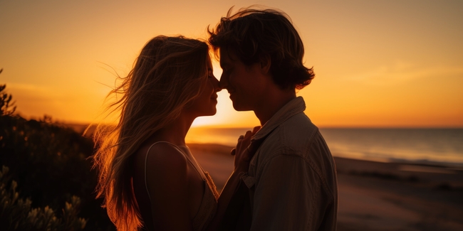 黄昏海边浪漫鼻尖吻情侣图片