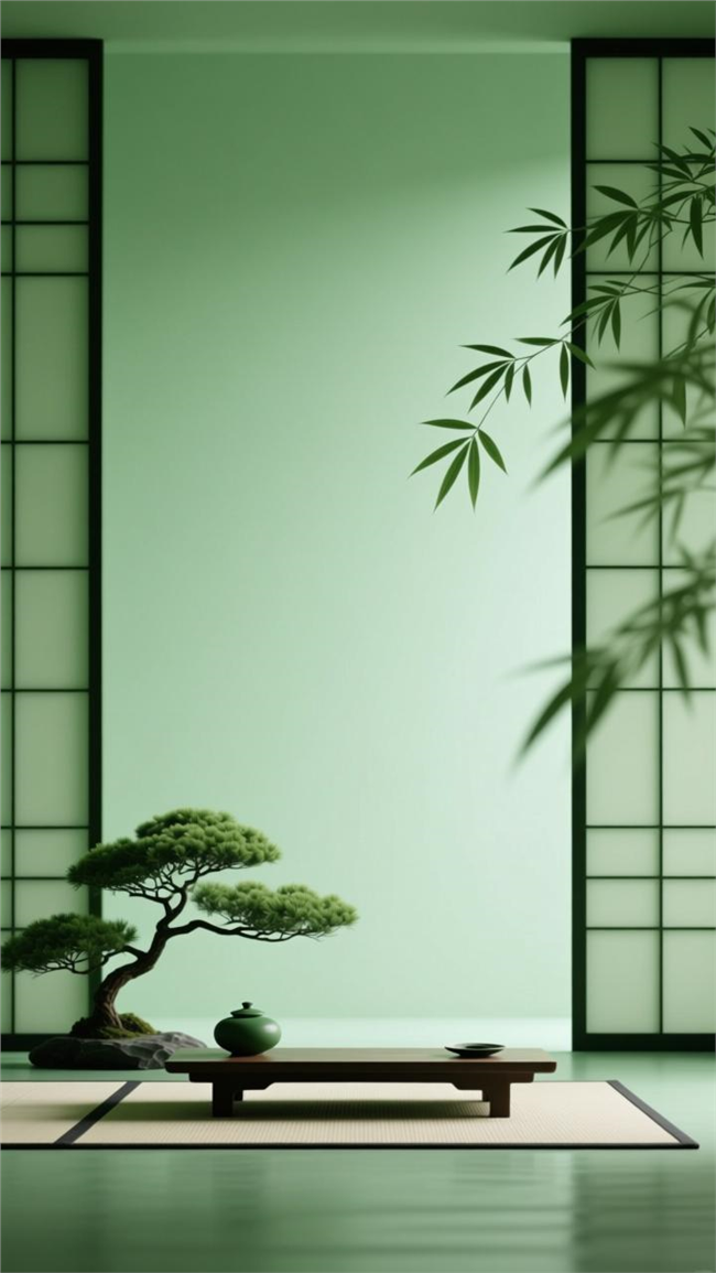 绿色调禅意极简雅居布景图片