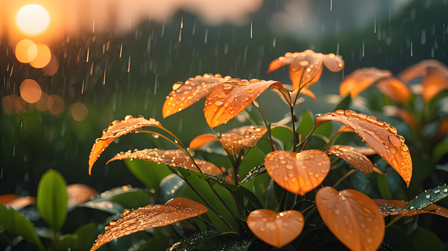 下雨天雨水打湿树叶图片