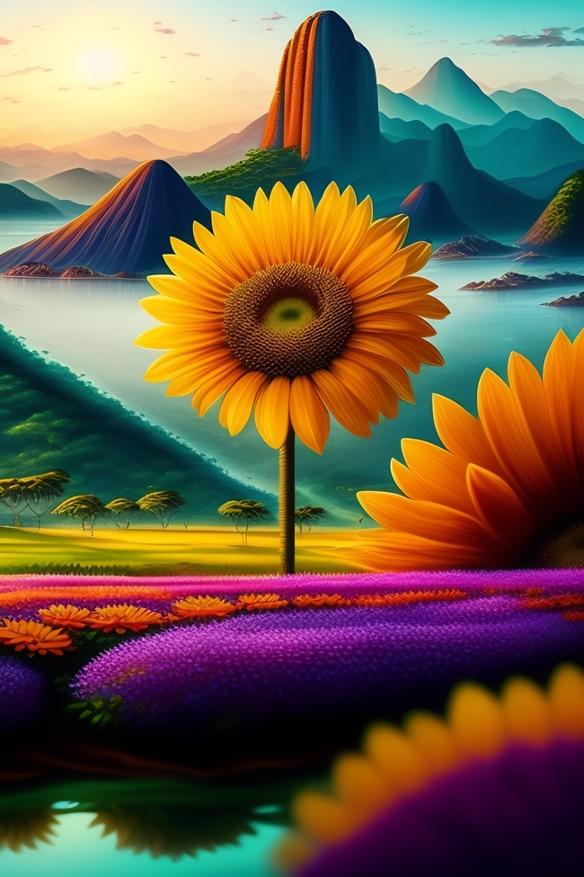 大好河山向日葵花开插画风景图片