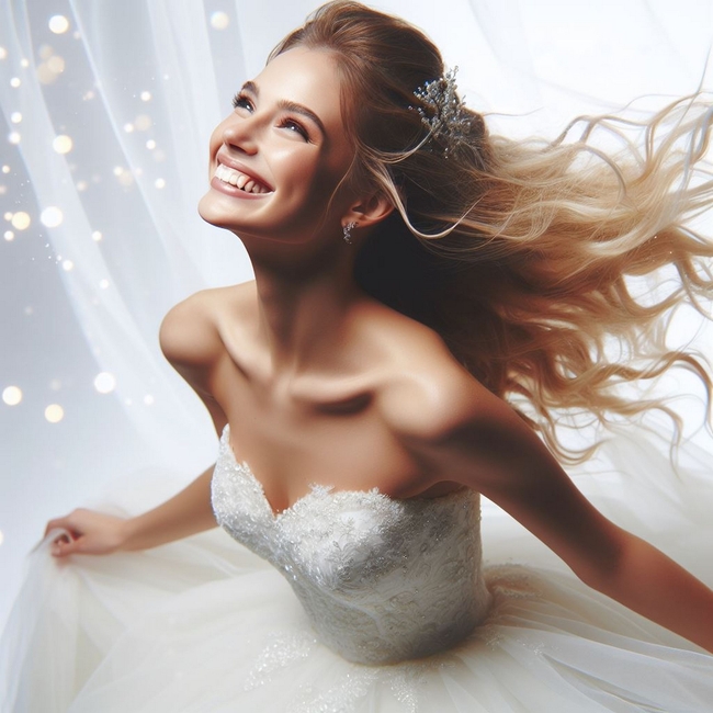 笑颜如花性感白色婚纱美女摄影图片