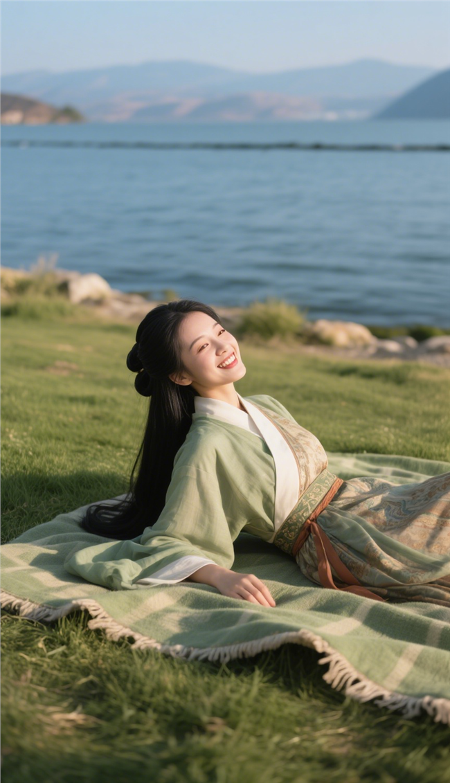 海边草地绿色古风汉服美女图片