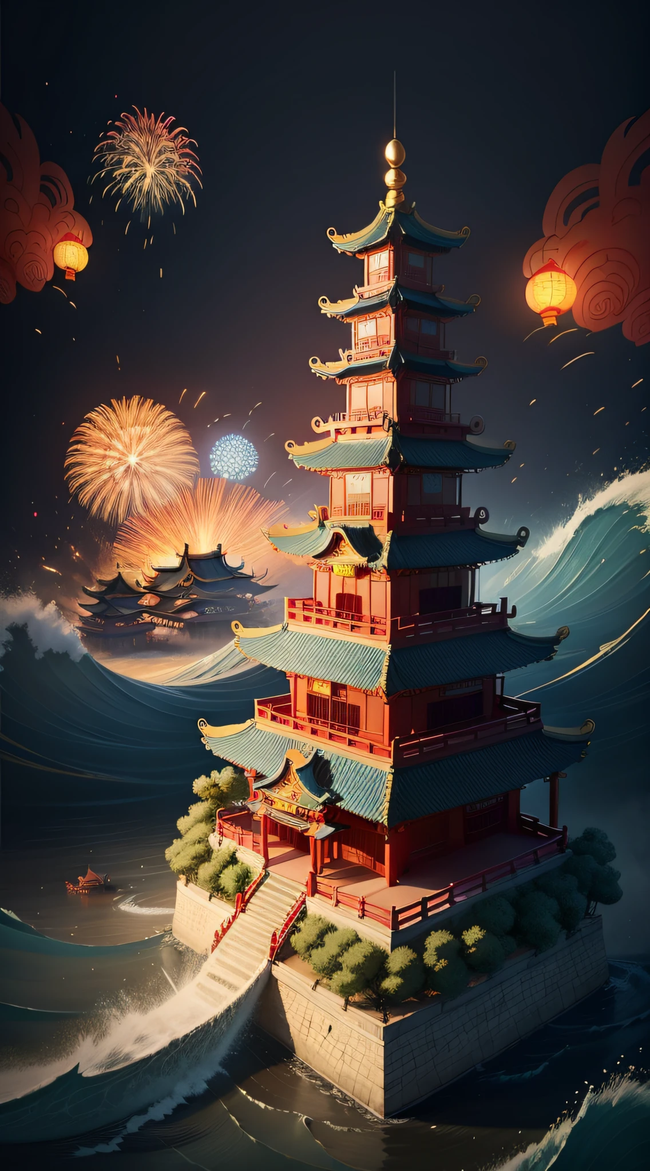 新年寺塔古建筑烟花夜景摄影图片