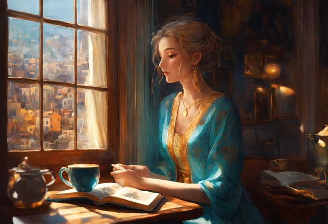 坐在窗边的动漫美女插画设计图片