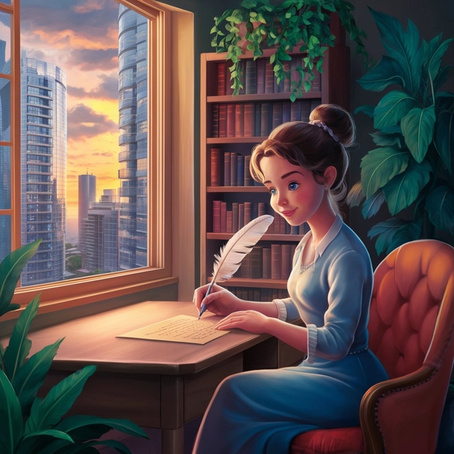 卡通美女坐在窗前写信插画图片