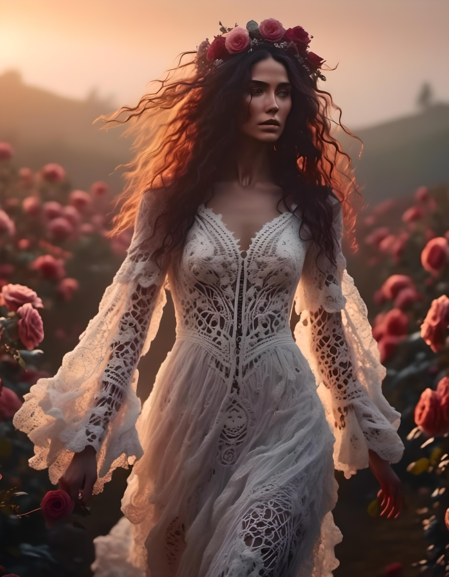 日暮黄昏花海透视装美女写真图片