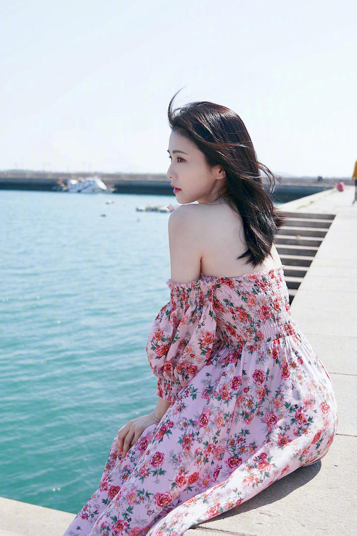 坐在海边的个高清美女明星白鹿户外摄影图片